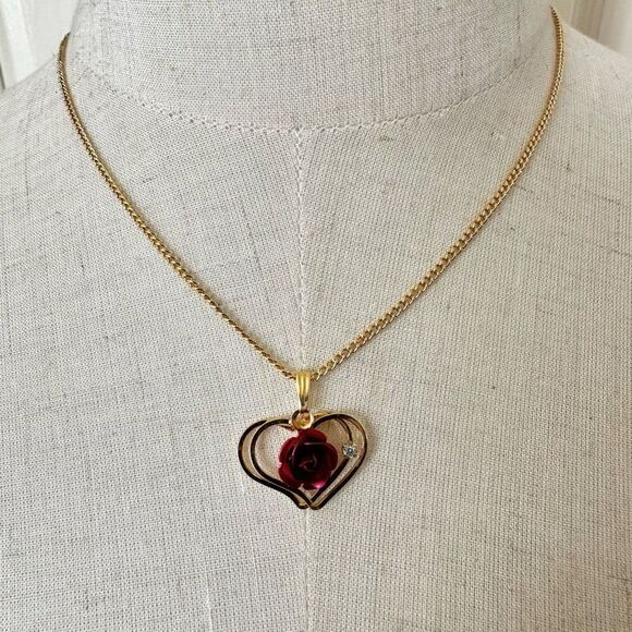 The Marquis Collection gold tone heart pendant with red rose necklace and earrin - Picture 1 of 15